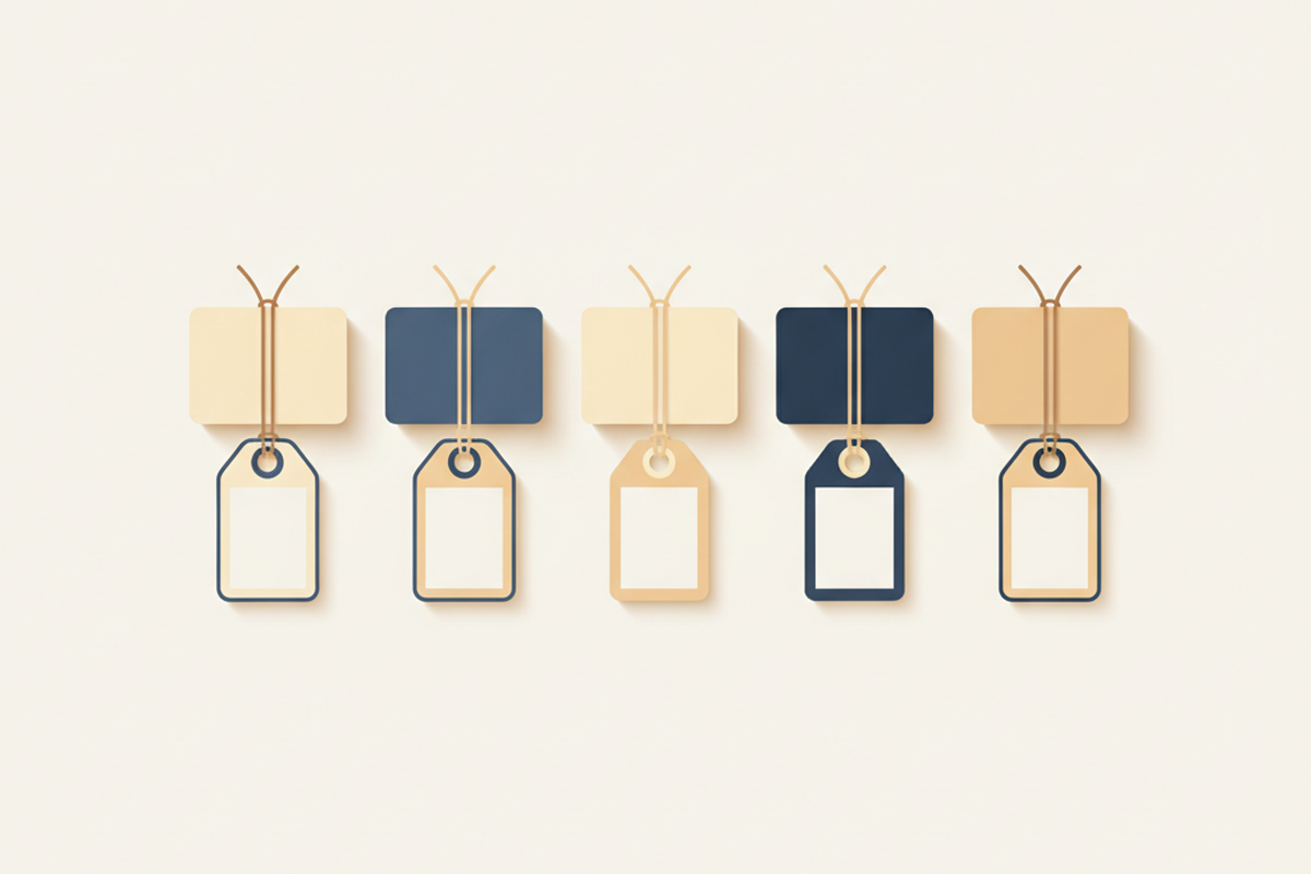 Five small boxes with price tags representing different domain registrar price points