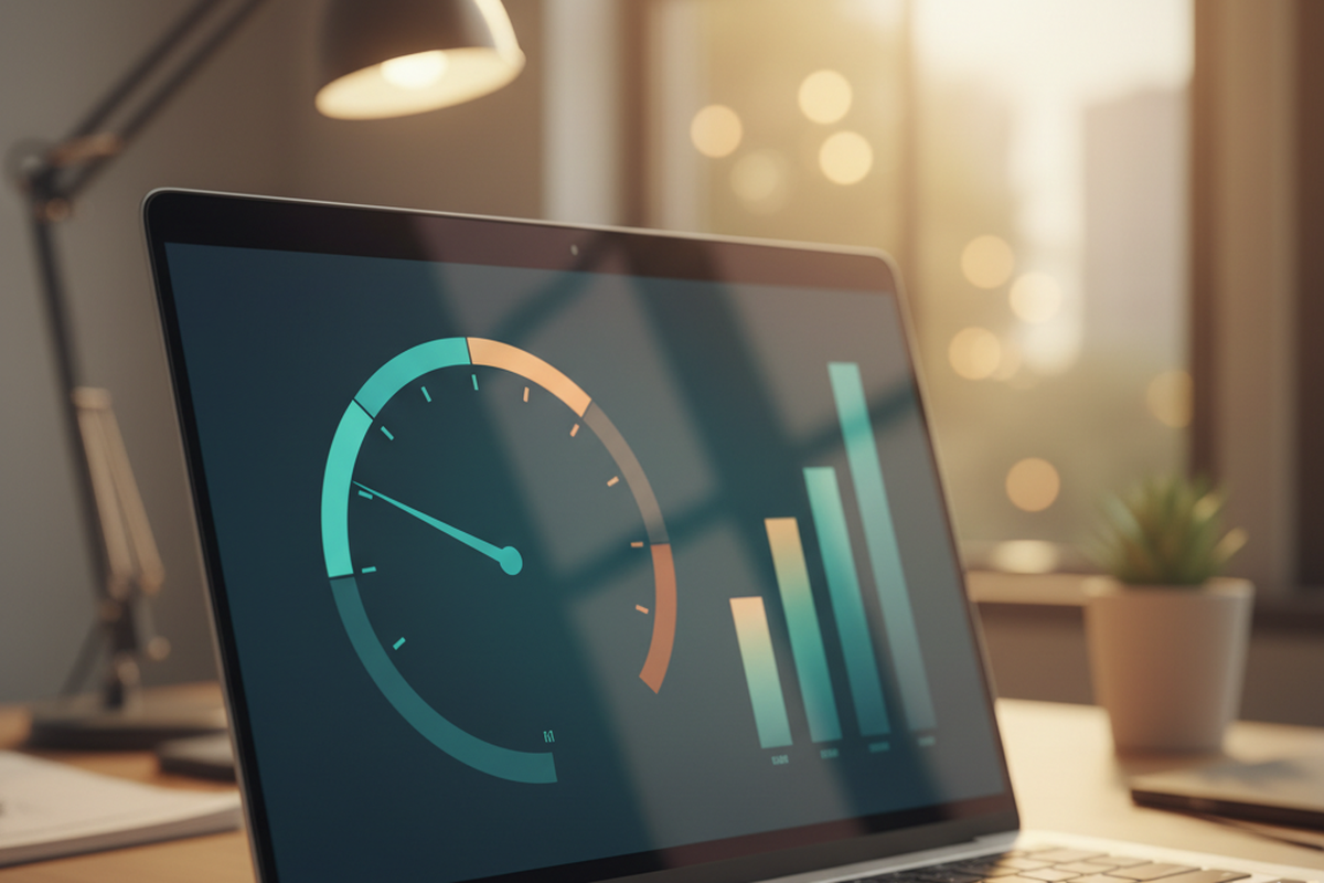 Performance dashboard on a laptop screen showing page speed metrics