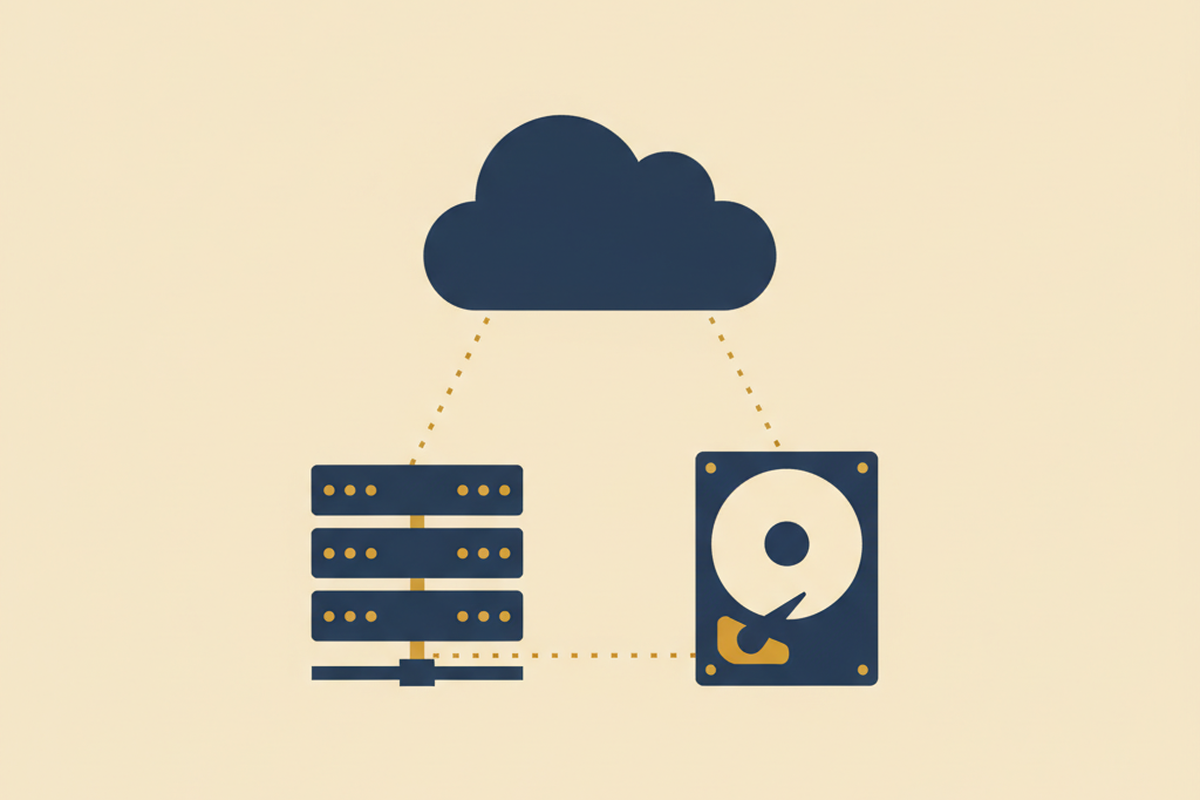 A cloud, server rack, and hard drive arranged in a triangle, illustrating the 3-2-1 backup rule
