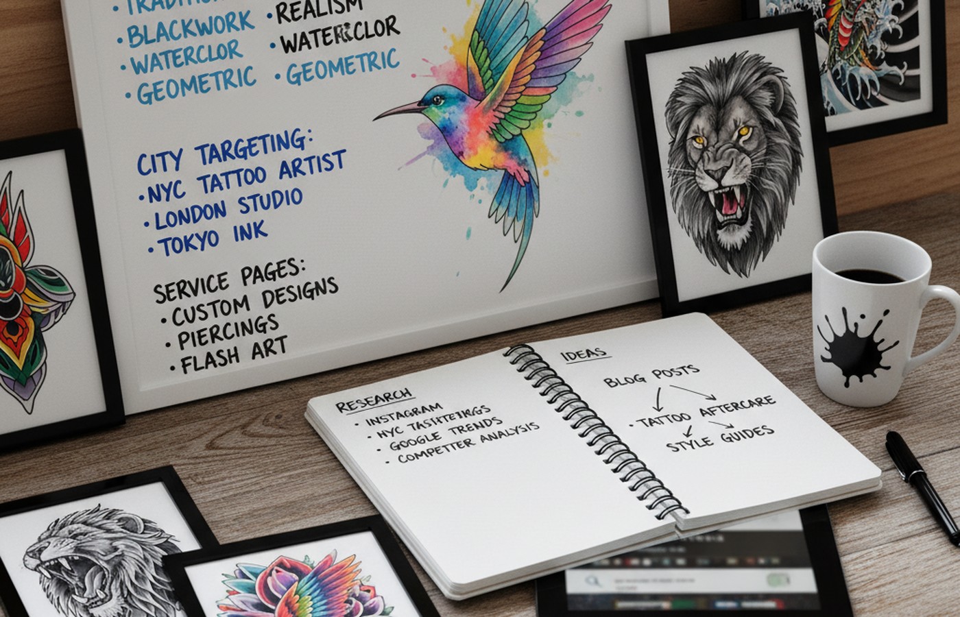 Tattoo SEO keyword planning board with style, service, and city clusters