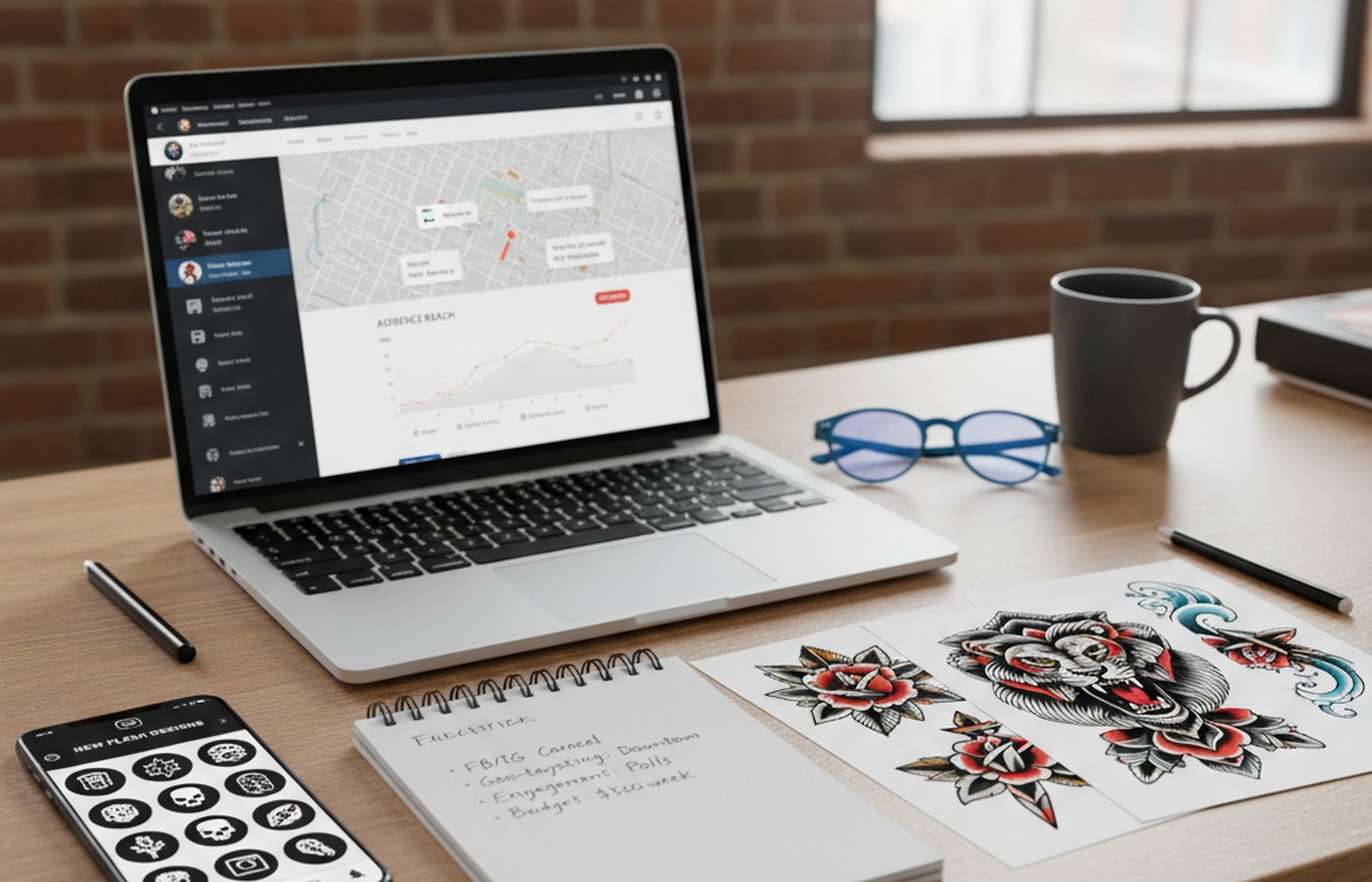 Tattoo marketing campaign planning screen showing social ad creative and consultation targeting