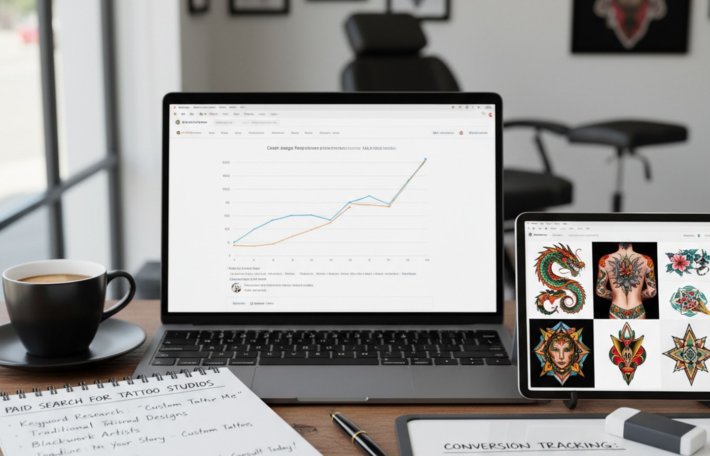Tattoo studio owner reviewing Google Ads campaign performance and landing page copy