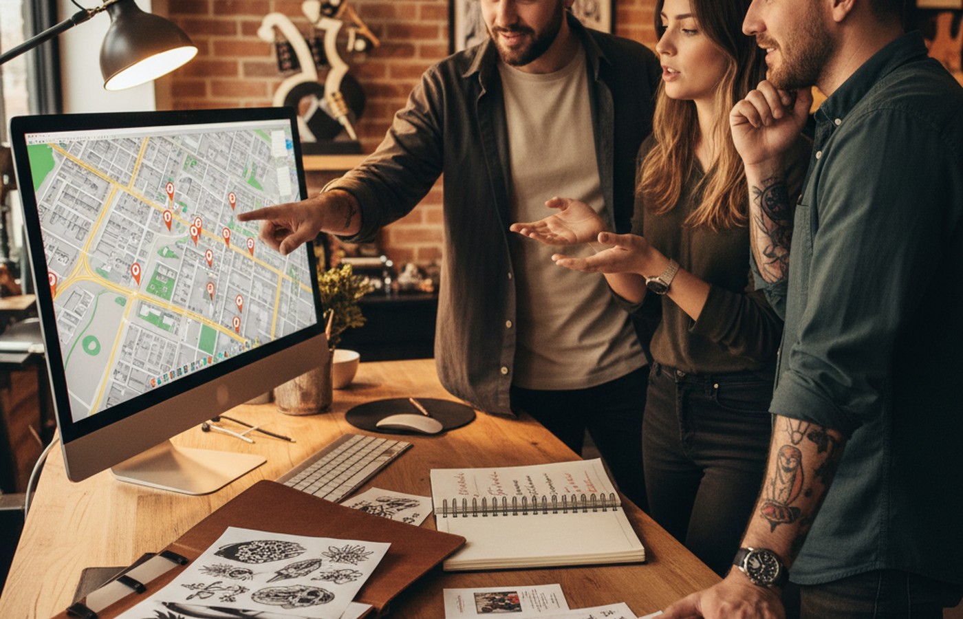 Tattoo studio team reviewing local search rankings and area targeting notes