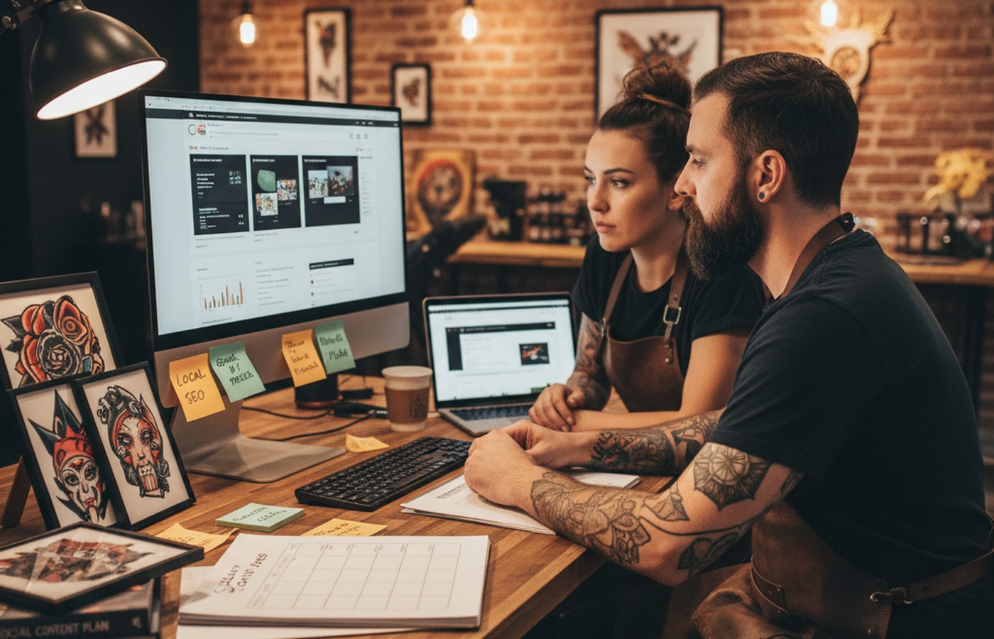 Tattoo studio marketing planning session with portfolio review and booking strategy