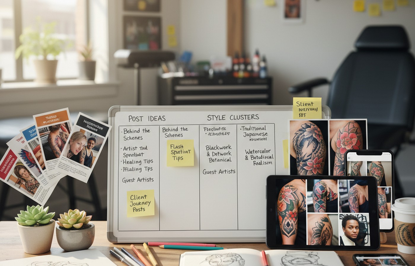 Tattoo content planning calendar with article ideas, portfolio themes, and booking topics
