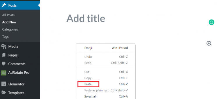 option to paste content in WordPress