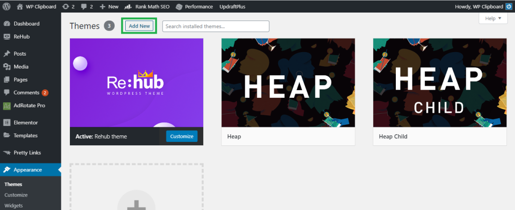 wordpress Add New theme Button circled