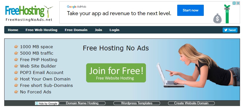 FreeHostingNoAds main website page