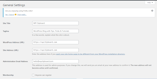 page showing general settings on WordPress