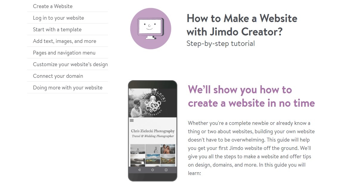 JIMDO website main page
