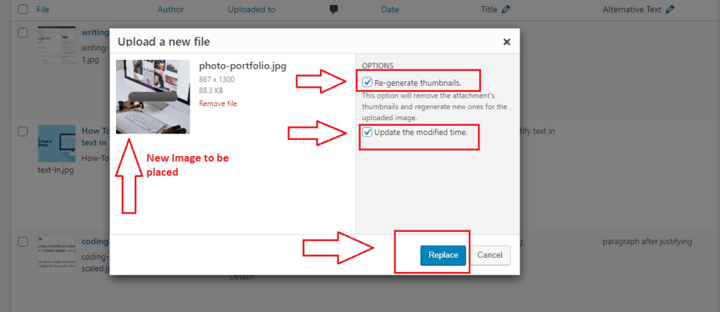 settings to do for uploading a new file