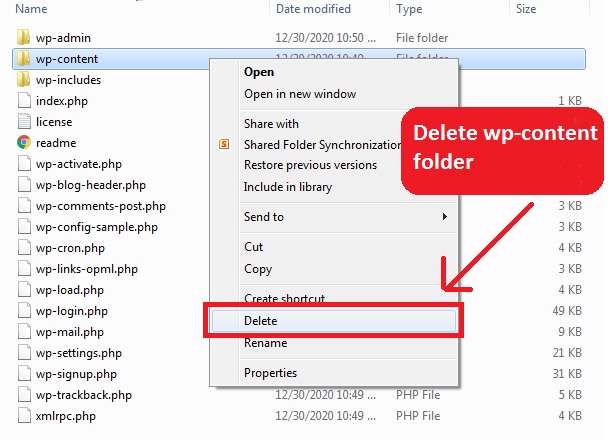 delete wp-content folder tp preserve plugins and themes