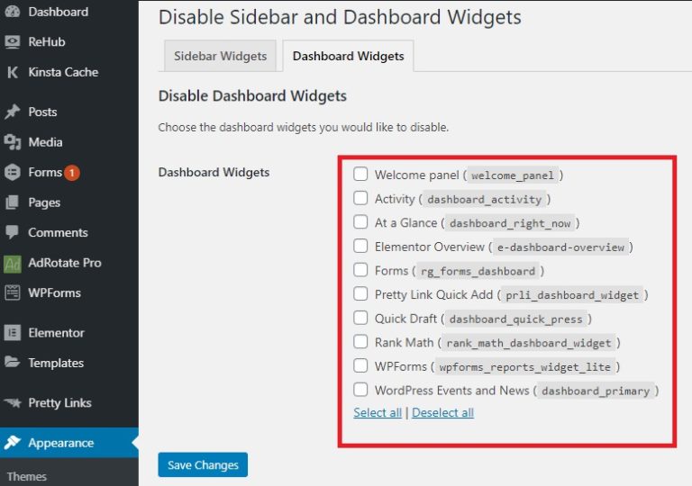 How to Disable WIdgets in WordPress