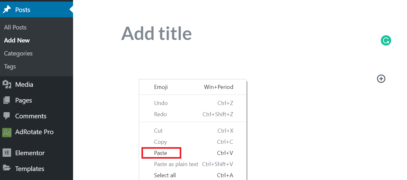 option to paste content in WordPress