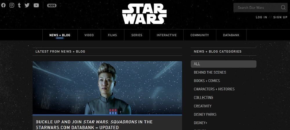 homepage of the Star Wars blog site