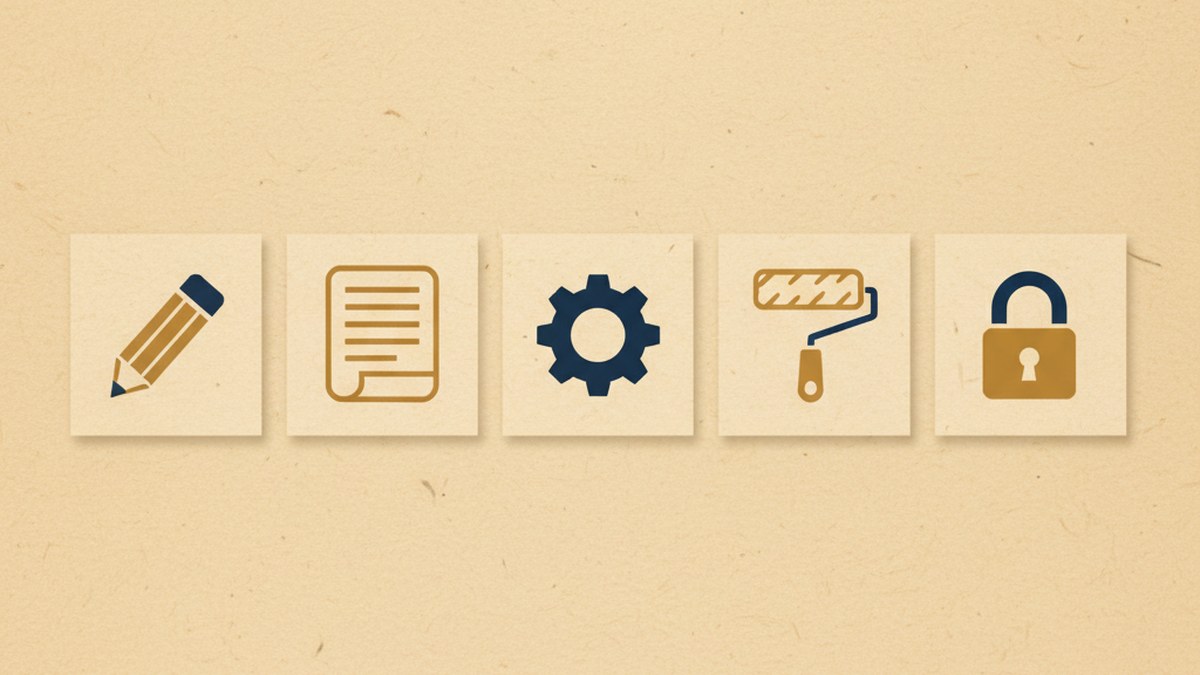 Five card icons representing the main WordPress admin areas: posts, pages, settings, appearance, users