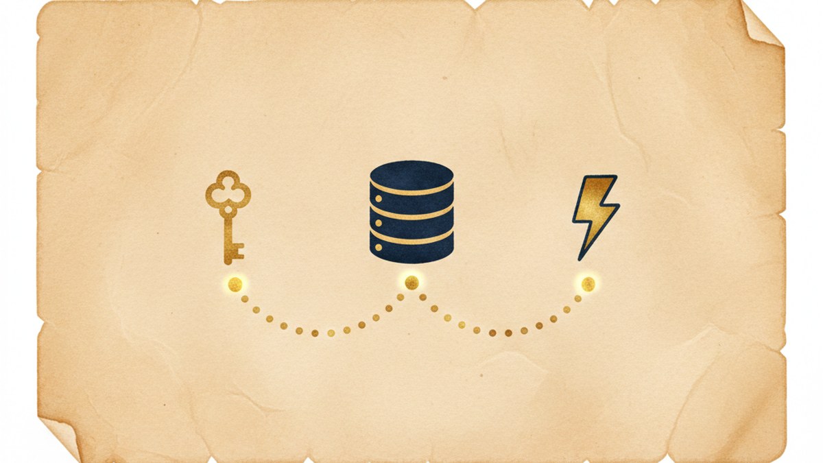 Three icons showing the three layers of a WordPress database connection: credentials, server, capacity