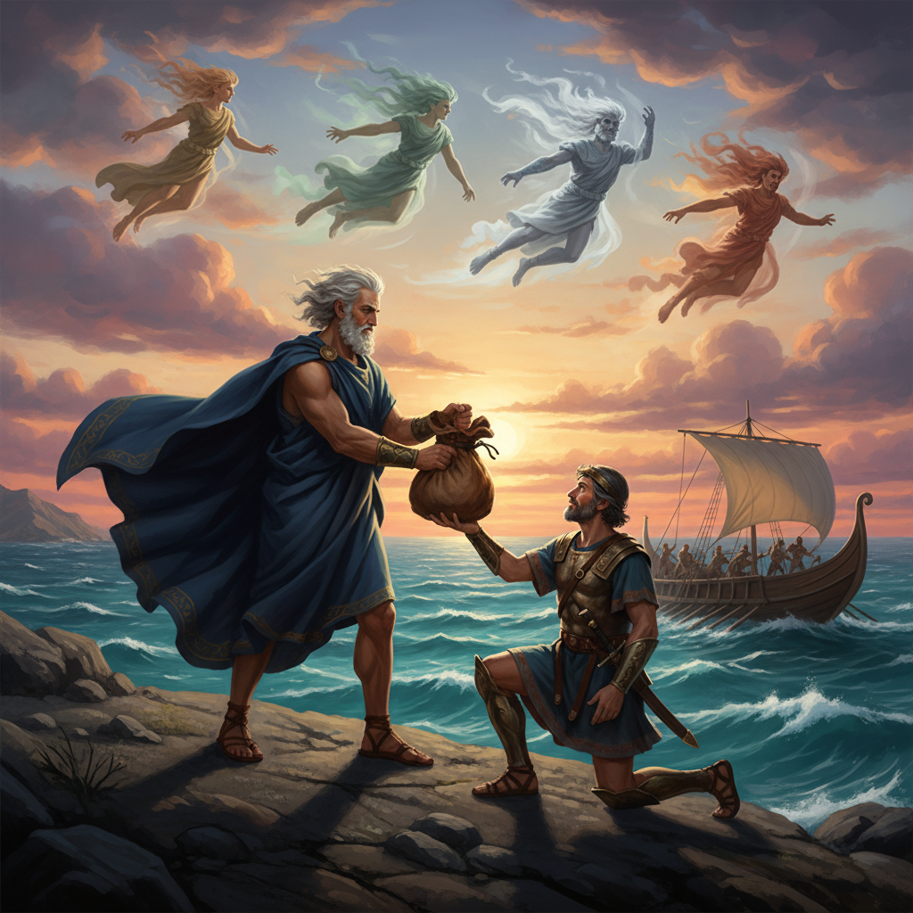 Aeolus presenting Odysseus with a bag containing the four winds, swirling wind spirits in the sky above a Greek ship