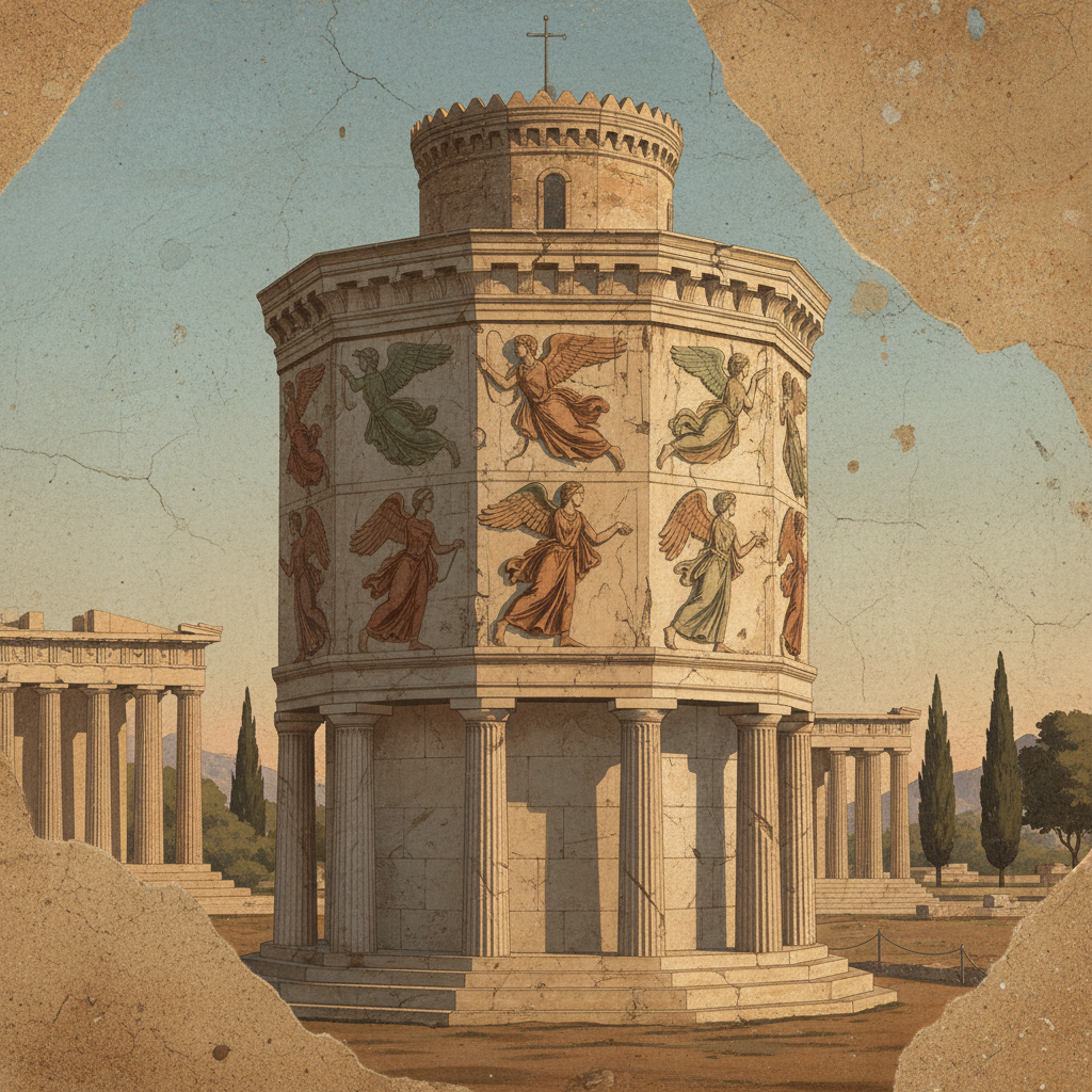 Tower of the Winds in Athens with eight winged Anemoi wind figures around its octagonal base, classical fresco style