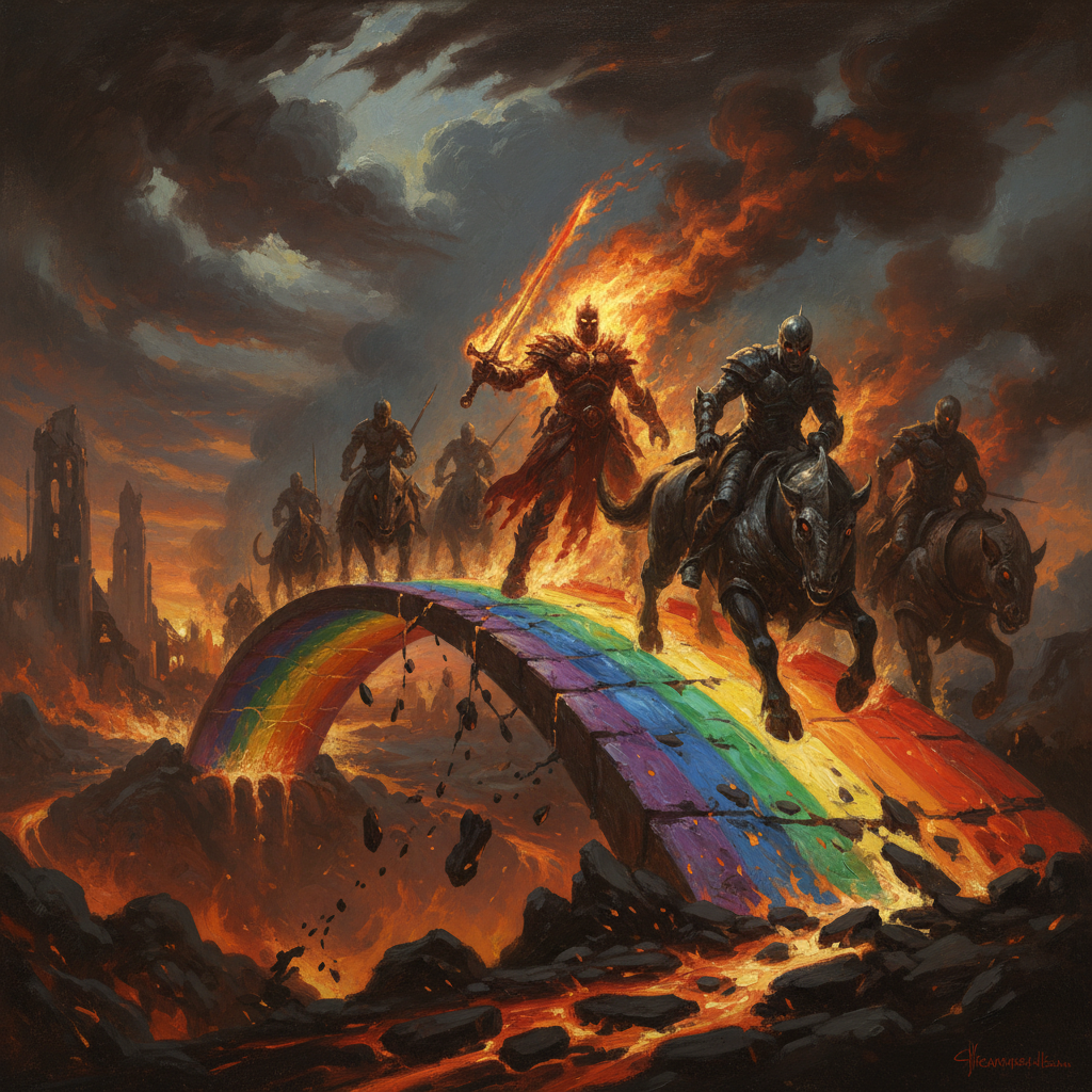 Surtr and the fire giants of Muspelheim riding across the burning rainbow bridge Bifrost during Ragnarok, dark oil painting style