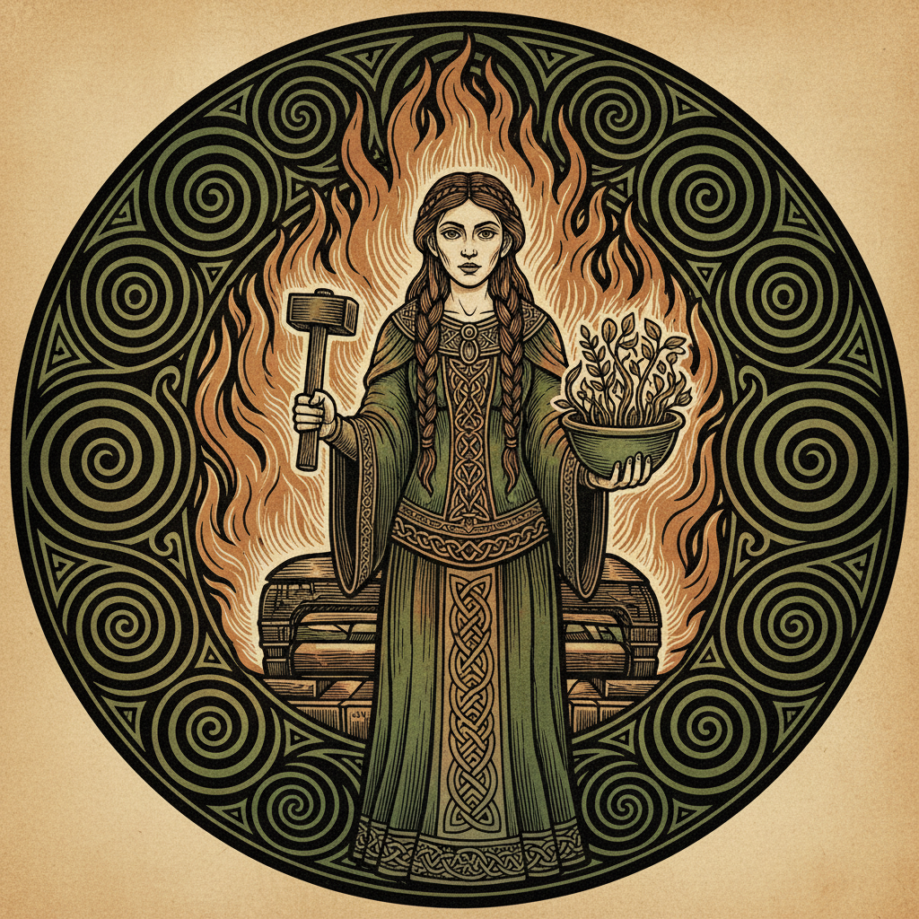 Brigid the Celtic goddess of fire and poetry before a forge fire holding a smith's hammer and healer's bowl, woodcut style