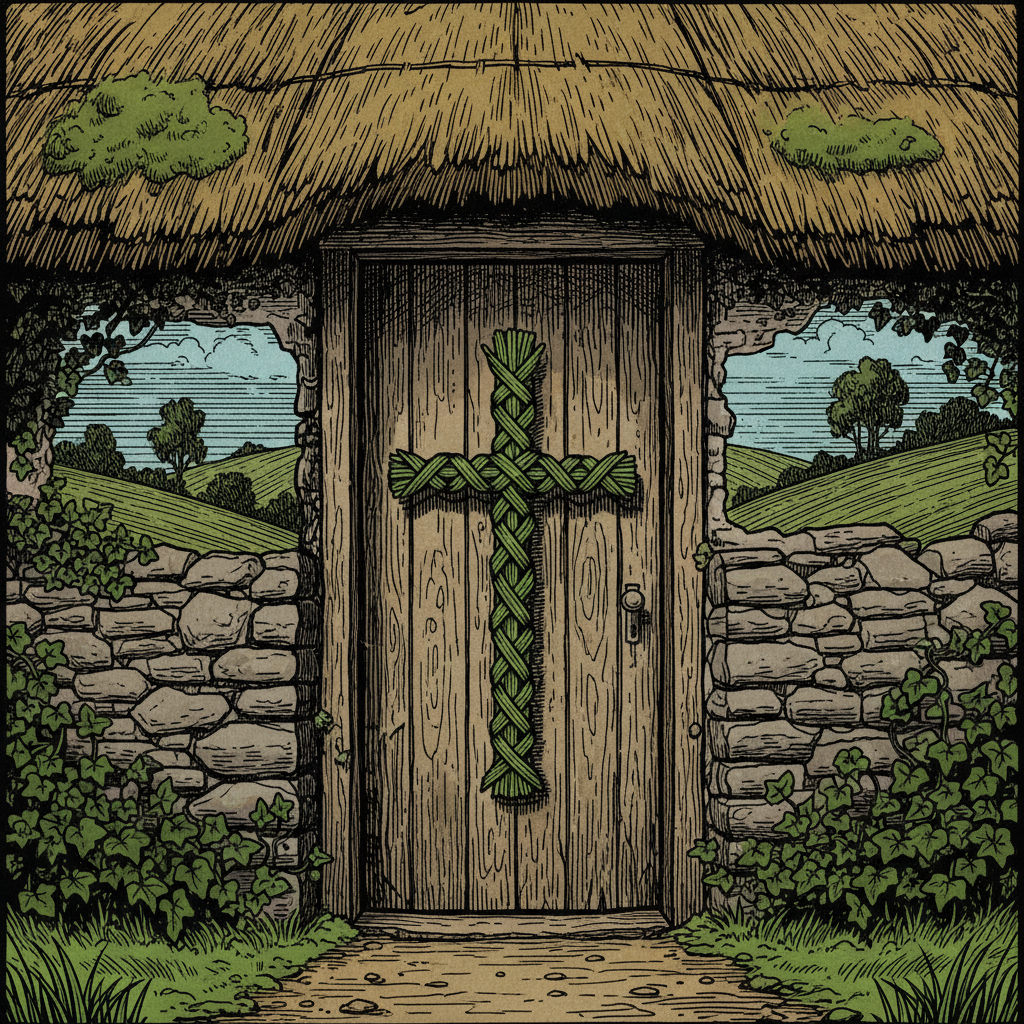 A four-armed Brigid's cross woven from rushes hanging on the doorway of a thatched Irish cottage, woodcut style