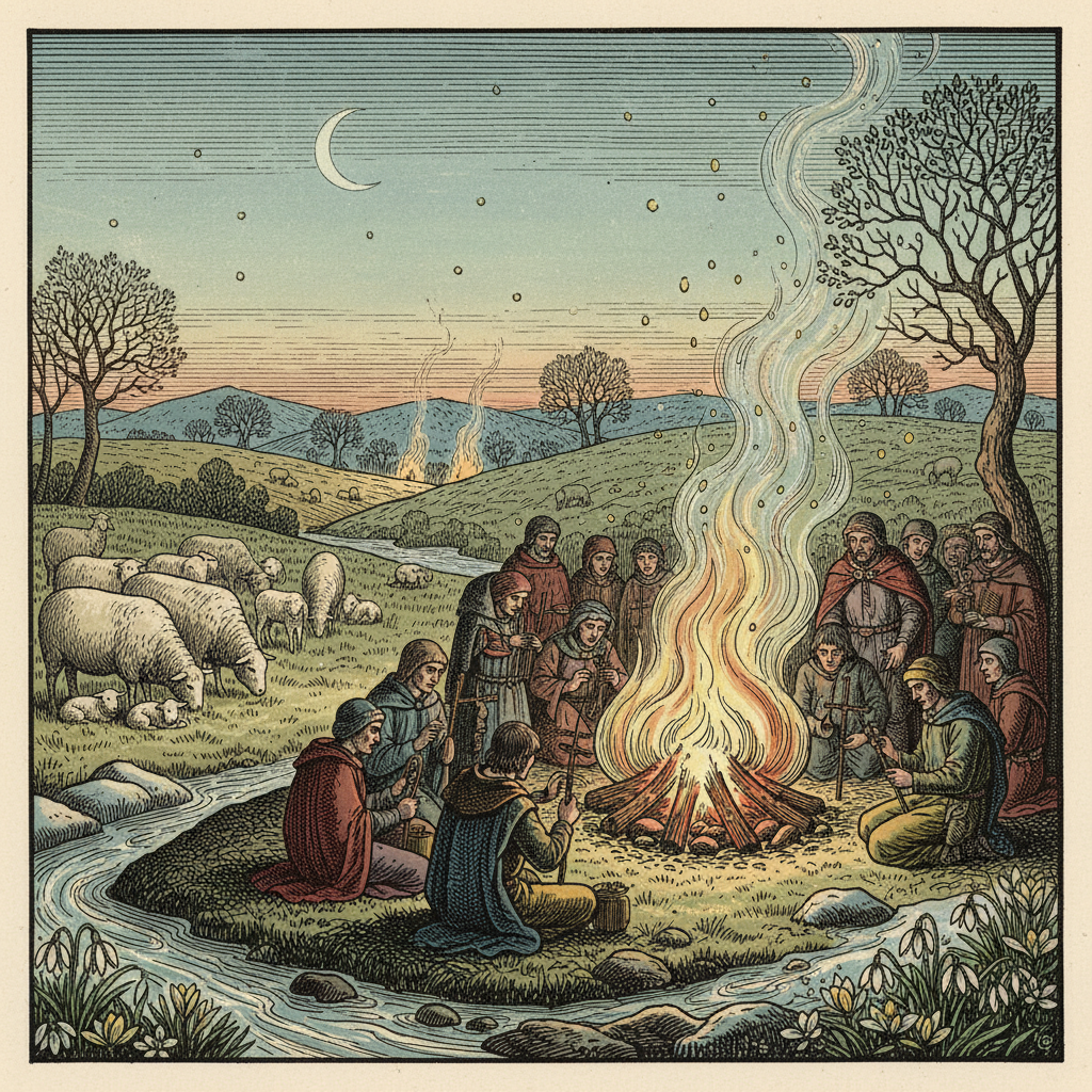 Imbolc festival in early Ireland with bonfires, Brigid's crosses, ewes with newborn lambs and signs of spring, woodcut style