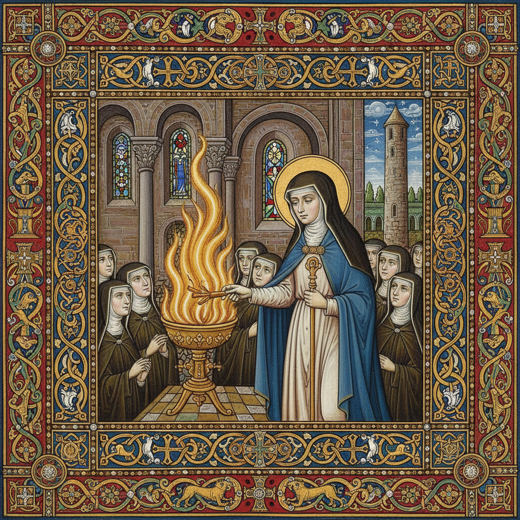 Saint Brigid of Kildare tending the perpetual flame with nuns gathered around, illuminated manuscript style