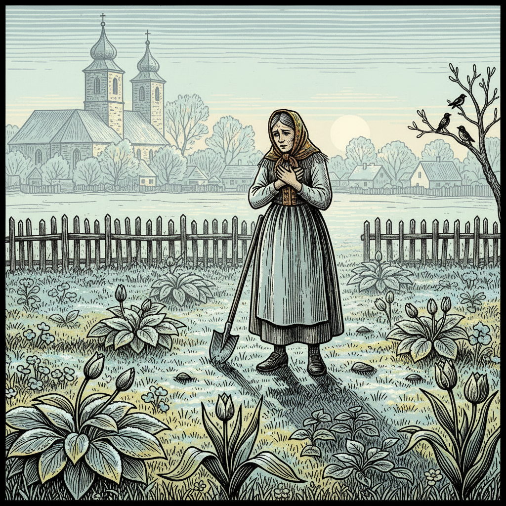 May Frost - Central European Folk Tradition Central European May garden with frost on young plants, a gardener shaking her head, village church in the distance, woodcut style