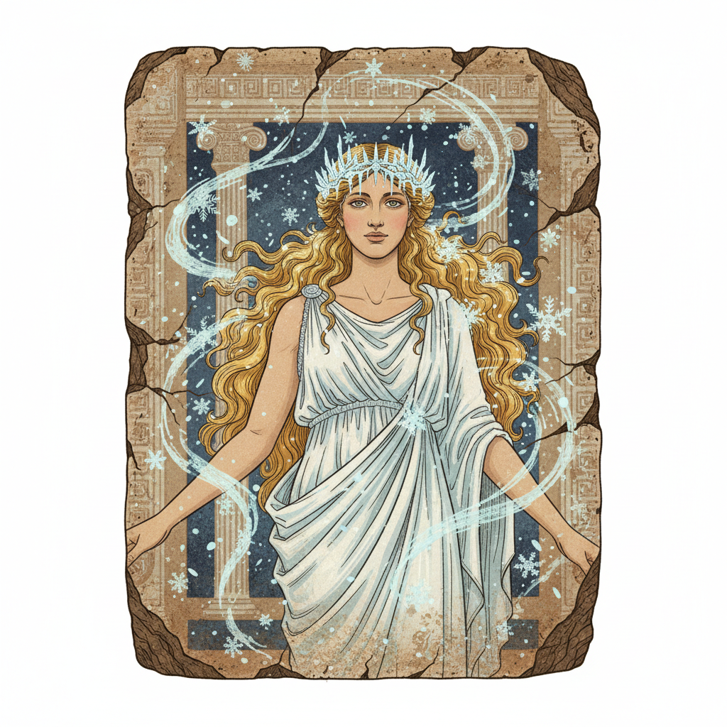 Chione the Greek snow nymph as a young woman in white robes with snow falling and crown of icicles, classical fresco style