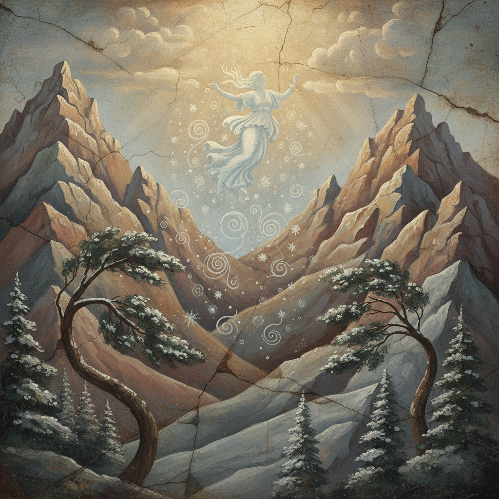 Snow falling on the Thracian mountains with the silhouette of Chione descending, pine trees and rocky peaks, fresco style
