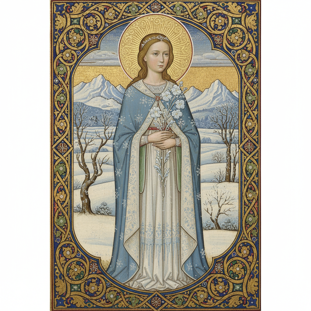 The Cold Sophia - May 15 Saint Sophia the Cold Sophia in medieval robes holding frost-touched flowers with snow-touched fields behind her, illuminated manuscript style