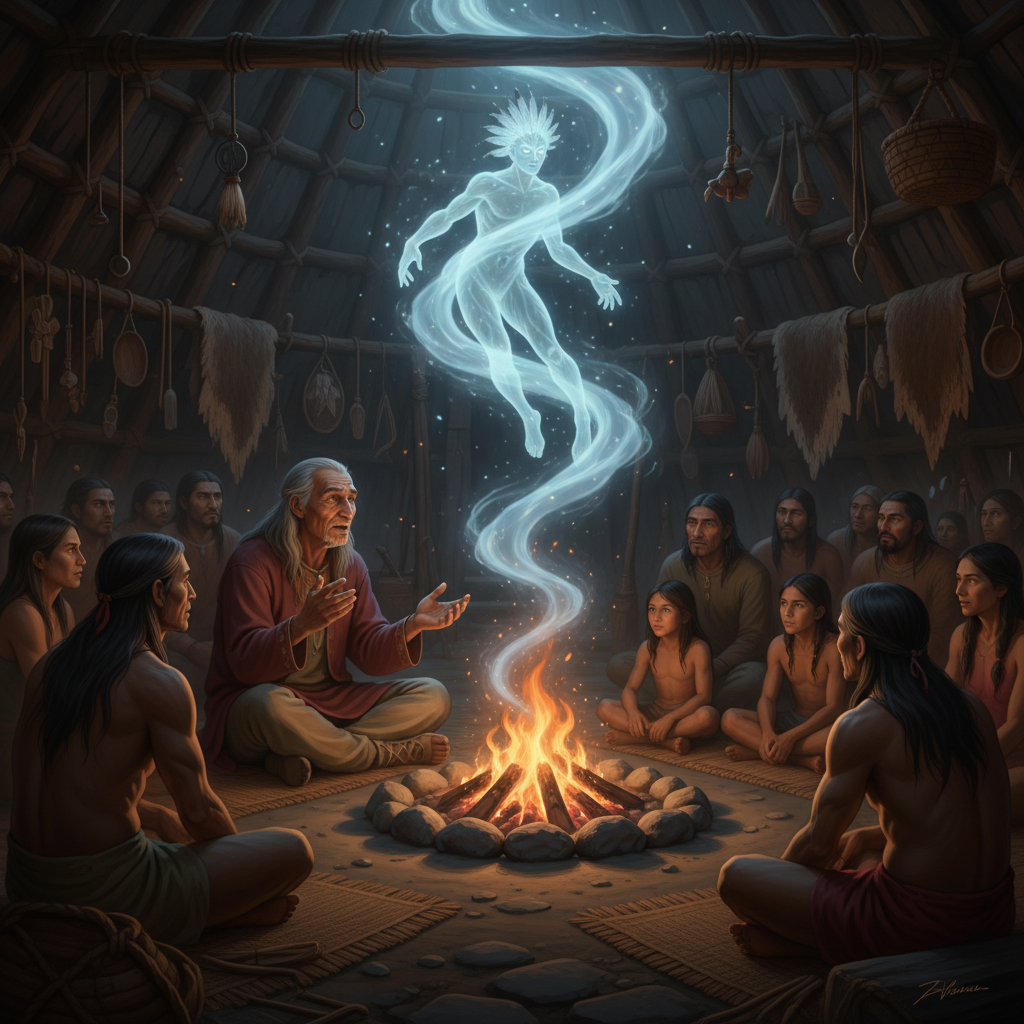 Iroquois elder telling stories of Dagwanoenyent around a longhouse fire, the witch visible faintly in the smoke