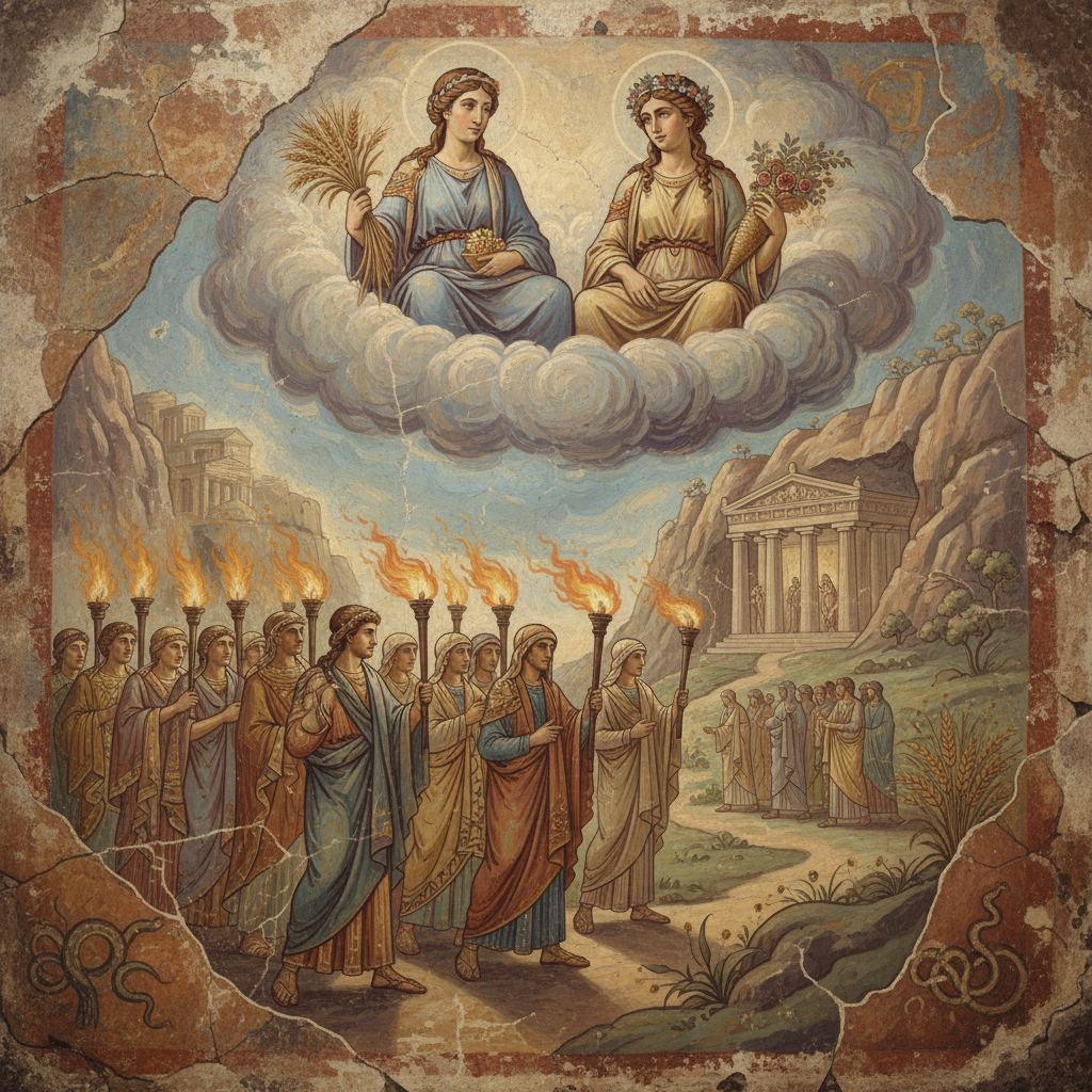Eleusinian Mysteries - Greek Mythology Initiates of the Eleusinian Mysteries walking in torchlit procession to Eleusis with Demeter and Persephone above, fresco style