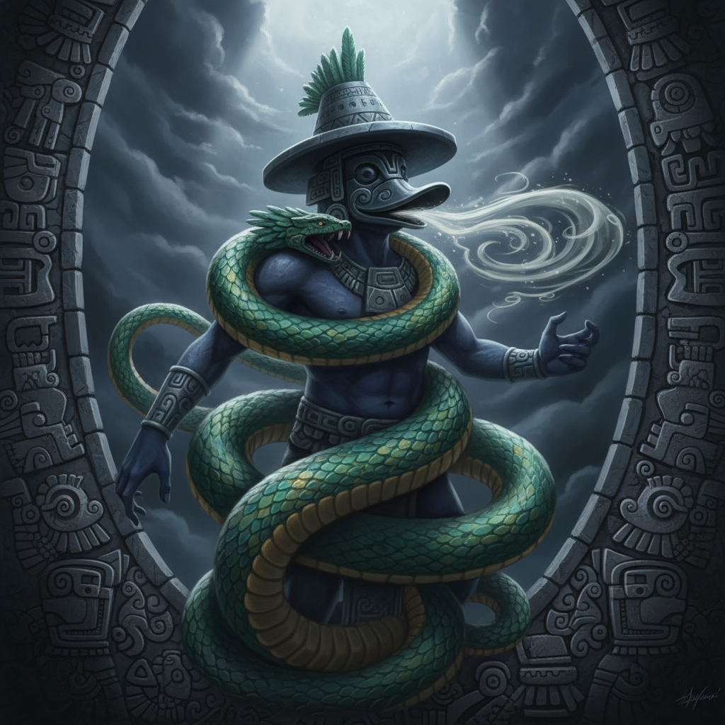 Ehecatl - Aztec Wind God Illustration Ehecatl the Aztec wind god with duckbill mask and conical hat, Quetzalcoatl feathered serpent coiled around him, Mesoamerican style