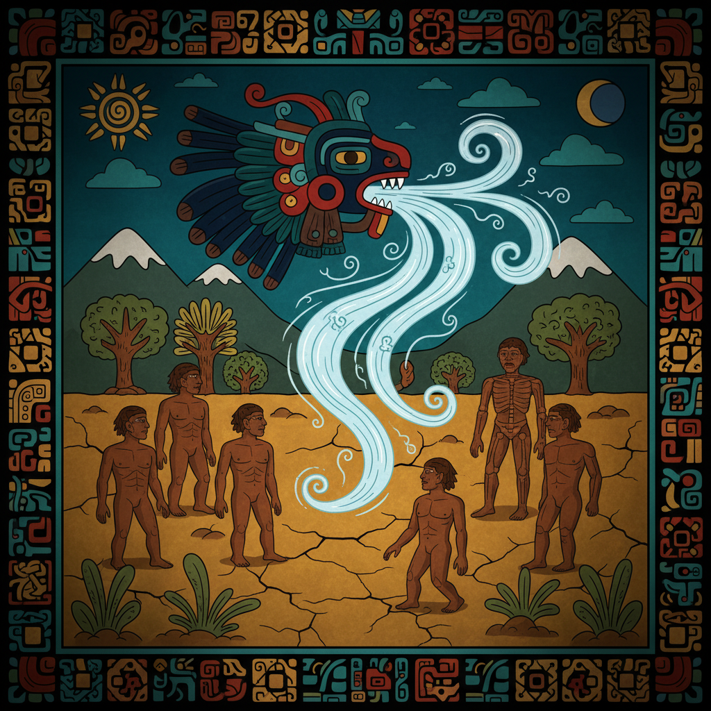 Ehecatl's Breath of Life - Aztec Mythology Ehecatl's breath shown as flowing wind giving life to new human bodies emerging from the earth, Aztec codex style