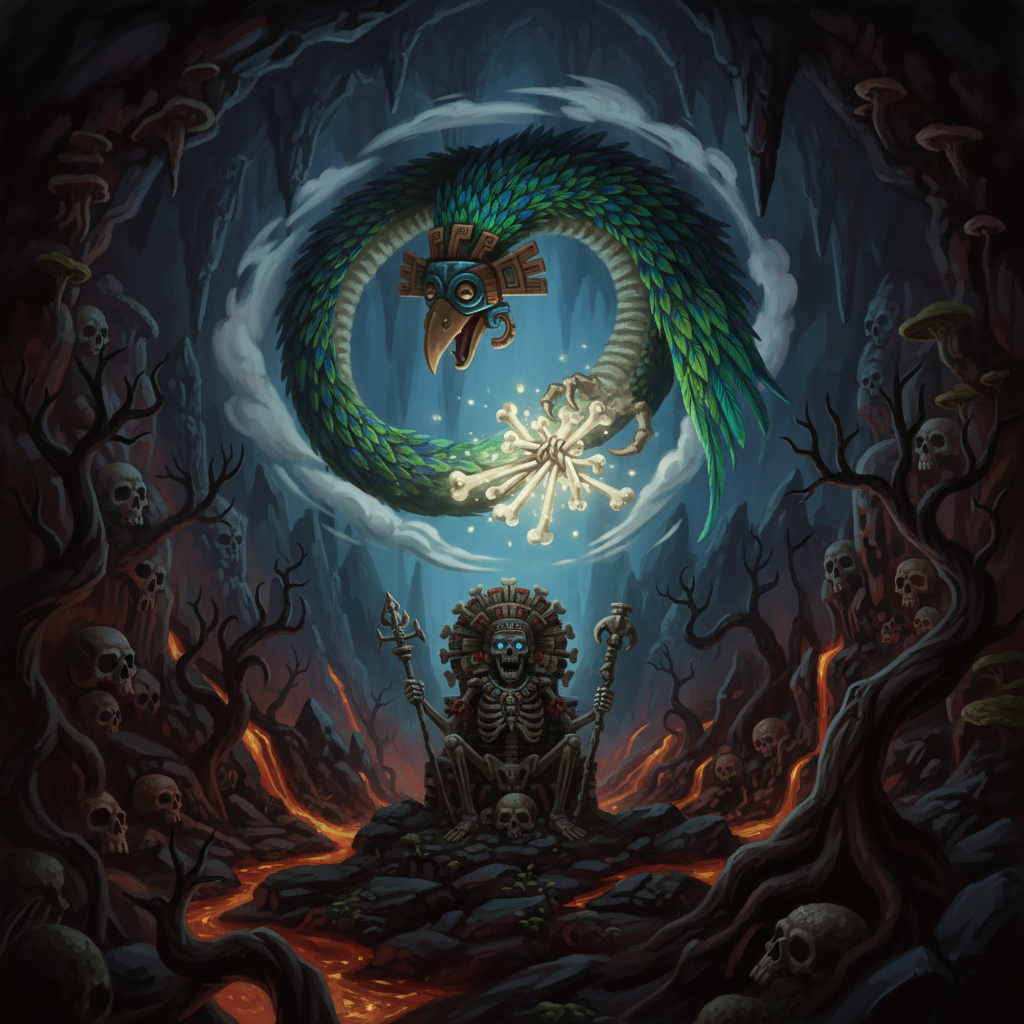 Ehecatl in Mictlan - Aztec Creation Ehecatl-Quetzalcoatl descending into Mictlan to recover the bones of humanity, Mictlantecuhtli watching from the dark