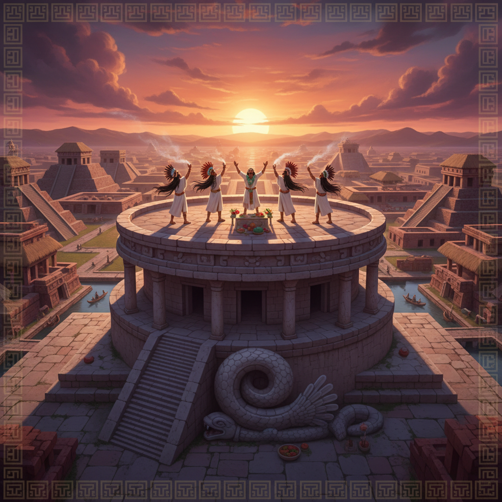 Round Temple of Ehecatl - Aztec The round temple of Ehecatl in Tenochtitlan with priests at sunset and the wind passing through the circular structure