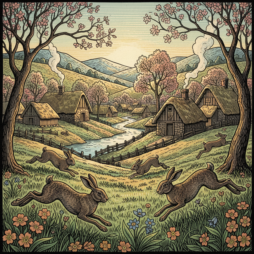 Spring dawn over an Anglo-Saxon village with the first warm light, hares in the fields, opening blossoms, woodcut style