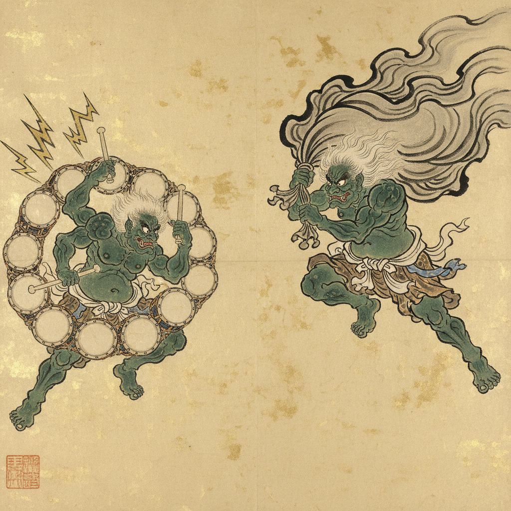 Fujin and Raijin - Japanese Mythology Pair Fujin and Raijin the Japanese wind and thunder kami leaping toward each other, sumi-e ink wash style with gold leaf