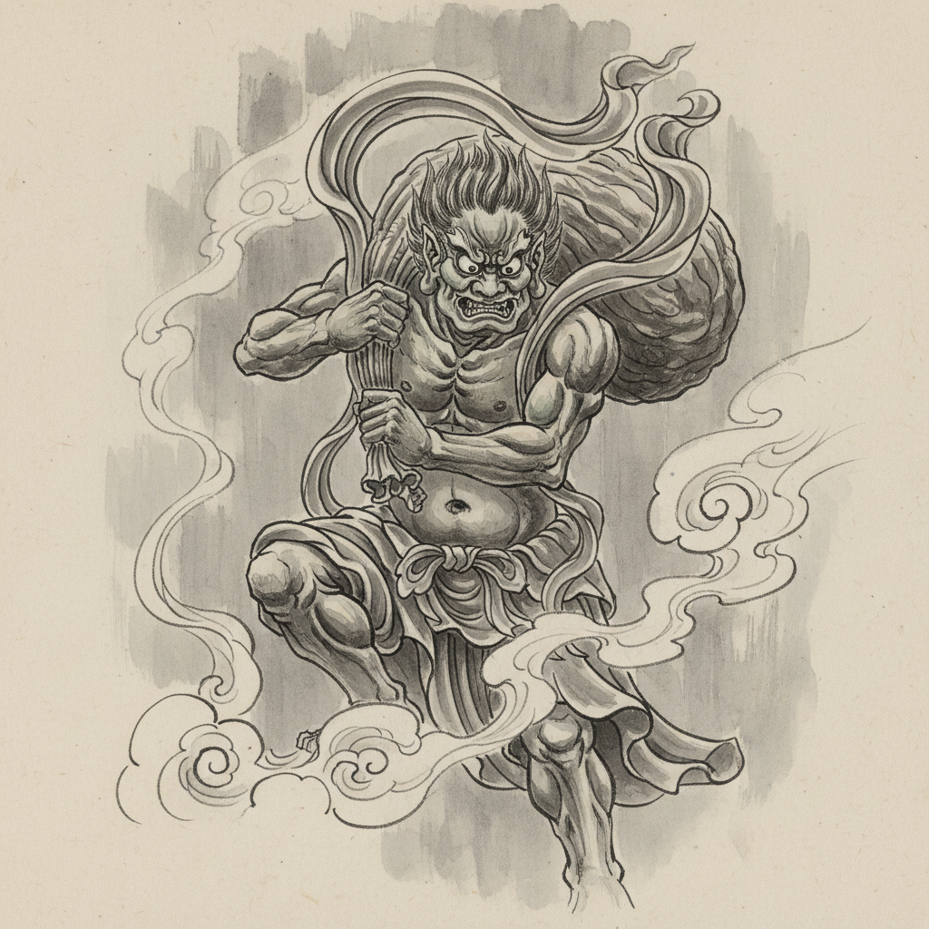 Fujin Temple Statue - Japanese Folklore Wooden temple statue of Fujin the wind kami at Sanjusangen-do, sumi-e ink wash style