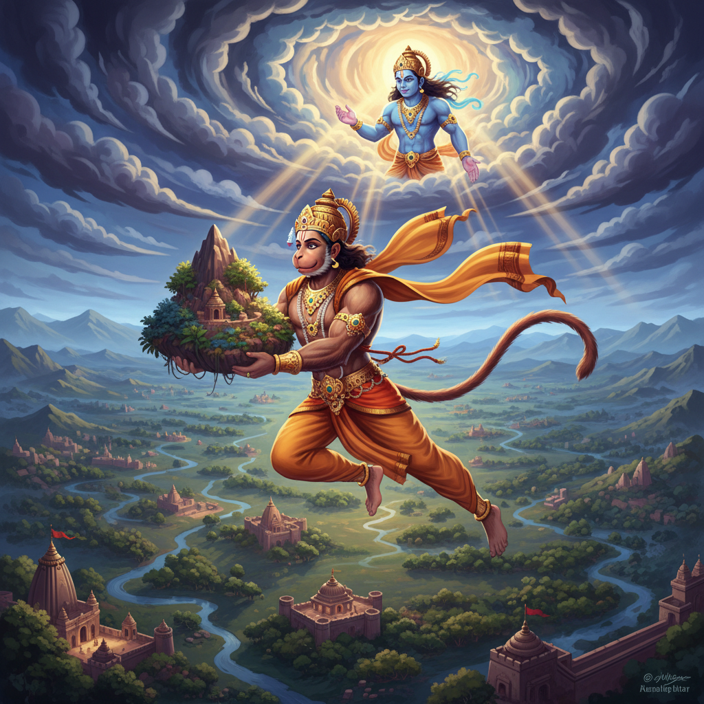 Hanuman Son of Vayu - Hindu Mythology Hanuman the monkey god son of Vayu flying through the air over India to fetch the healing herb mountain, classical Hindu style