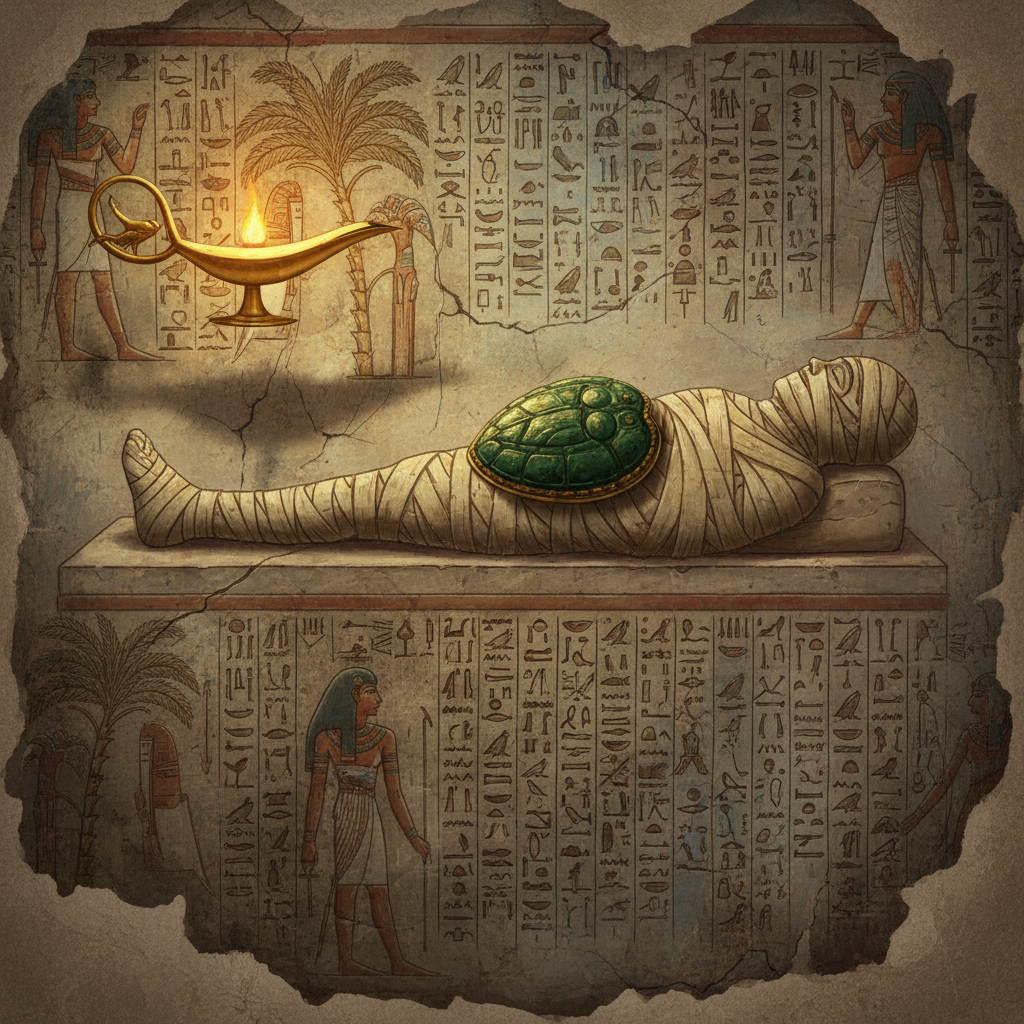 An Egyptian heart scarab amulet placed on the chest of a wrapped mummy with Book of the Dead inscriptions, fresco style