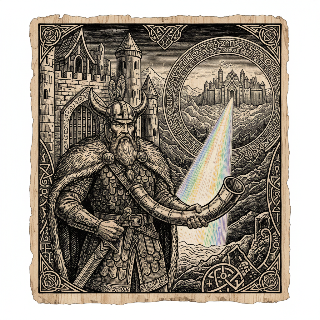 Heimdall the Norse watchman god at his fortress Himinbjorg holding the Gjallarhorn at the Asgard end of Bifrost, woodcut style