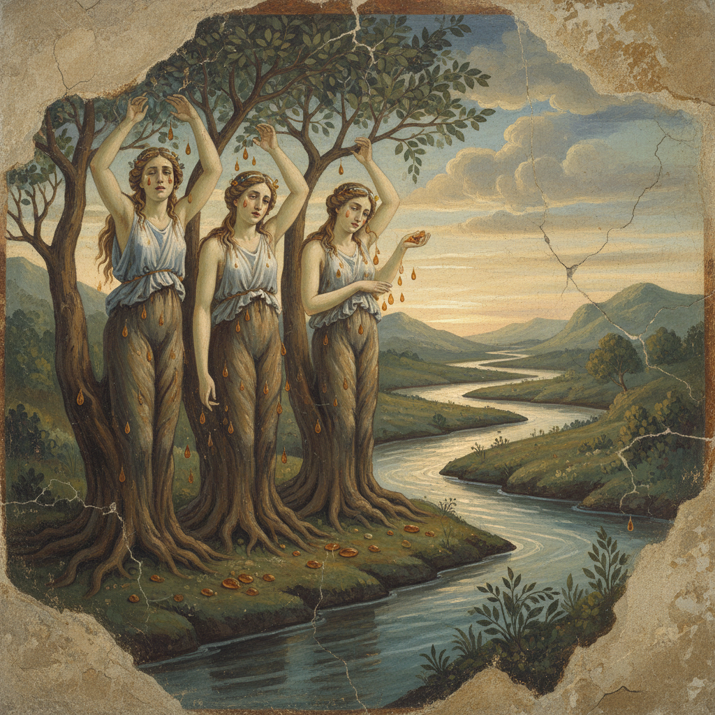 The Heliades and Amber - Greek Mythology The Heliades transformed into poplar trees by the river Eridanus, their tears hardening into amber droplets, fresco style