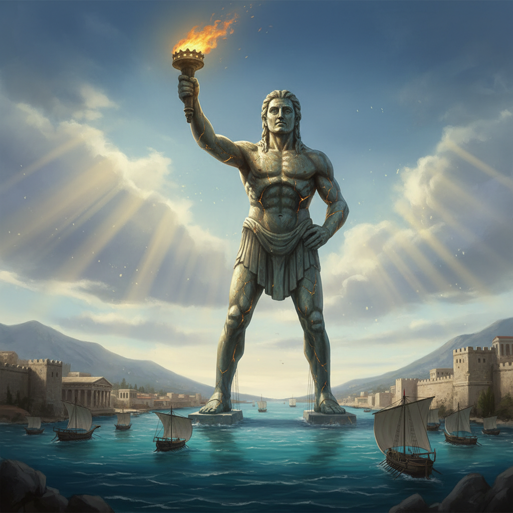 Colossus of Rhodes - Helios The Colossus of Rhodes a giant bronze statue of Helios at the Greek harbour with ships sailing beneath, Hellenistic style