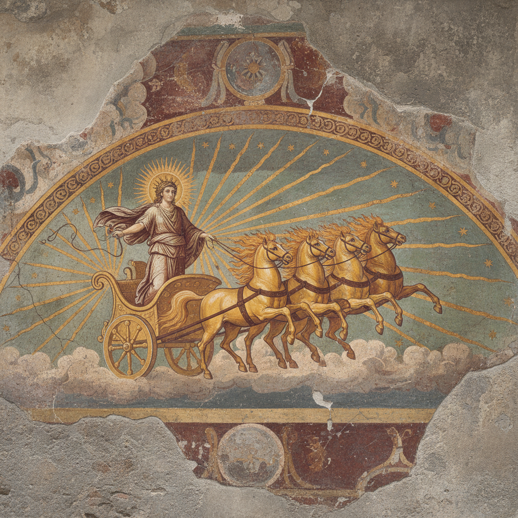 Helios in His Sun Chariot - Greek Mythology Helios the Greek sun god driving his four-horse golden chariot across the sky, fiery horses, classical fresco style