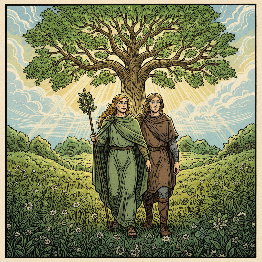 Baldur and Hodur Reunited - Norse Mythology The brothers Baldur and Hodur walking together in the new green world after Ragnarok, woodcut style