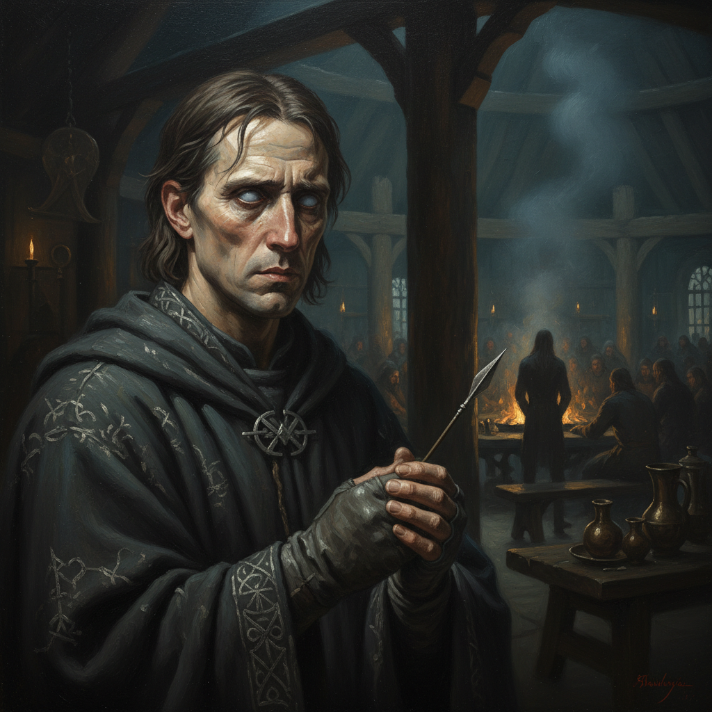 Hodur the Blind God - Norse Mythology Hodur the blind Norse god with pale unseeing eyes holding the small mistletoe dart, dark oil painting style