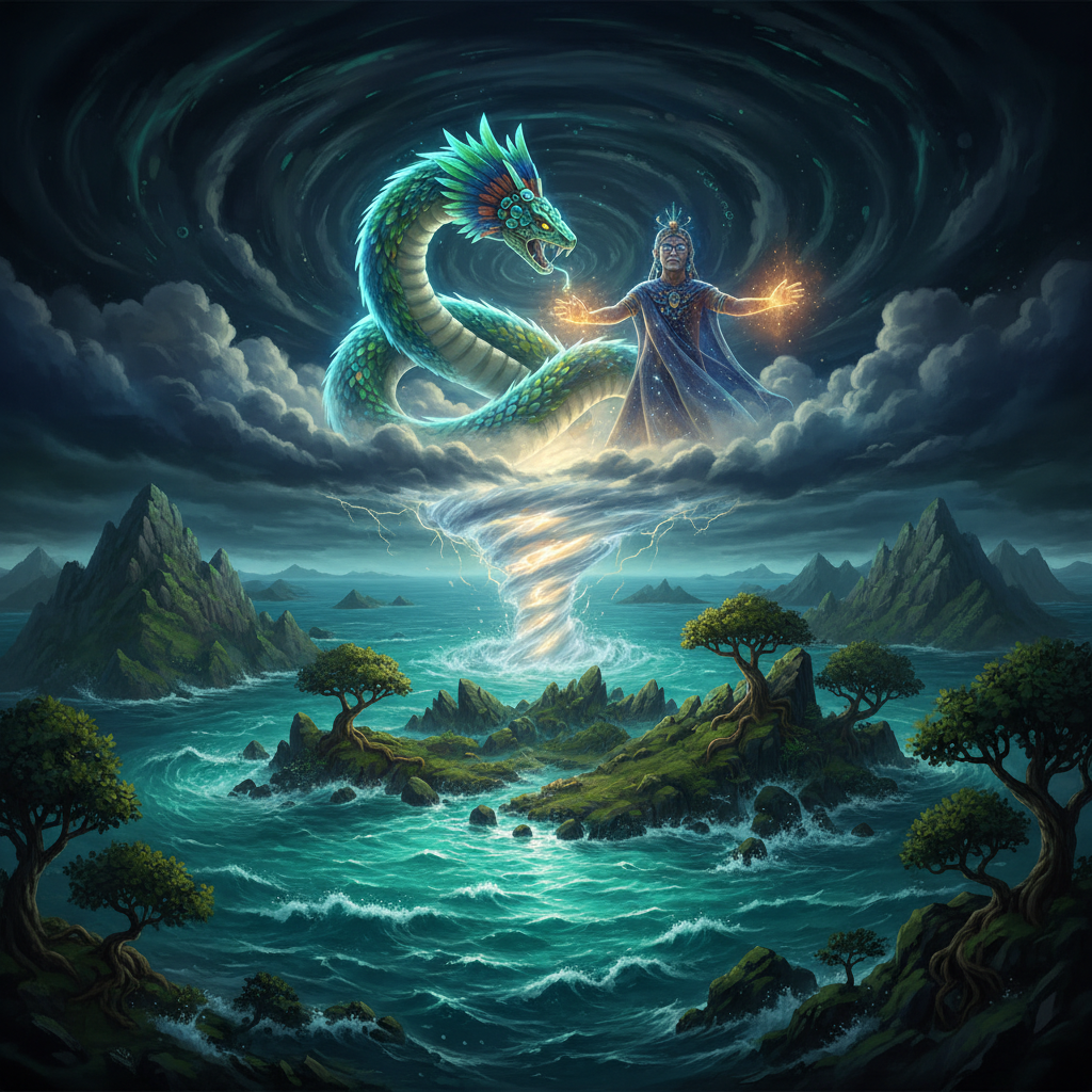 Maya creation scene from the Popol Vuh with Hurakan calling earth to rise from the primordial sea, divine voices over emerald ocean
